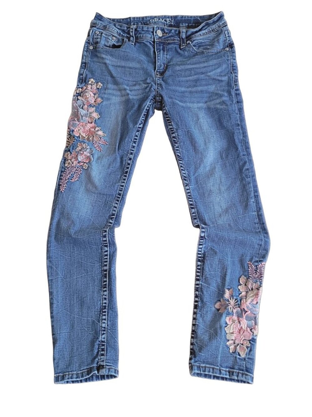 Grace in LA Women's Floral Embroidered Skinny Jeans (size 30)